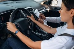 Mujer conduciendo mientras el instructor toma notas durante el examen de manejo DMV en California.