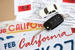 Placas, registro y llaves de auto con sticker de carro en California.