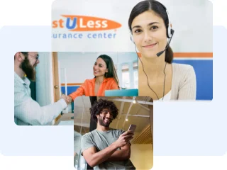 Imágenes de agentes de Cost-U-Less, asistiendo por call center, en oficina y por dispositivos a clientes.