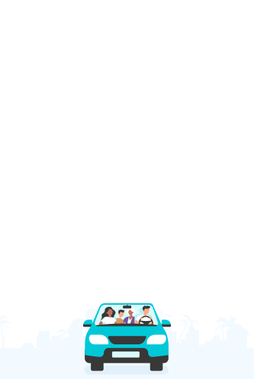 Ilustración de una familia viajando en un automóvil, al lado de un automóvil amarillo.